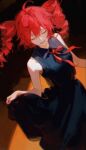  1girl 96yottea absurdres ahoge bare_shoulders black_dress closed_eyes collared_dress commentary dancing dress drill_hair encore_dance_(synthesizer_v) english_commentary highres holding_own_dress kasane_teto medium_hair neck_ribbon open_mouth red_hair red_ribbon ribbon sleeveless sleeveless_dress smile solo twin_drills utau 