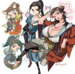 2boys 2girls :3 all_wishes_come_true! animal_ears animal_hands animification black_boots black_eyes black_hair black_pants black_sash blue_hanfu blue_trim boots breasts brown_eyes brown_hair cat_ears cat_tail character_and_genderswap chibi chibi_inset chinese_clothes chinese_commentary cleavage closed_mouth coat commentary_request fox_ears fox_tail full_body genderswap genderswap_(mtf) hair_bun hair_ornament hair_pulled_back half_updo hand_fan hand_on_own_head hand_up hanfu heart high_ponytail highres holding holding_fan holding_sword holding_weapon huge_breasts jewelry jian_(weapon) kemonomimi_mode large_breasts layered_sleeves leaf_belt leaf_fan leaf_hair_ornament leaf_ornament long_hair long_sleeves looking_at_viewer lv_dongbin_(all_wishes_come_true!) multiple_boys multiple_girls multiple_views necklace open_clothes open_coat open_mouth pants ponytail red_coat red_sash robe sandals sash sheath sheathed si_ming sidelocks simple_background single_hair_bun sitting small_breasts smile standing star_(symbol) sword sword_on_back sword_tassel tail tassel twitter_username weapon weapon_on_back weapon_tassel white_background white_hanfu wide_sleeves zhongli_quan_(all_wishes_come_true!) 