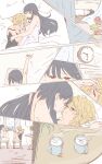  2girls bed black_hair black_tank_top blonde_hair blush canopy_bed clock closed_mouth coffee_mug commentary_request cuddling cup flower highres indoors kimi_ga_shinu_made_koi_wo_shitai lizzy_seiran long_hair maud_ali morning mug multiple_girls on_bed parted_lips pillow red_eyes red_flower smile sou_(sxy122126) stretching tank_top tulip under_covers waking_up white_tank_top yellow_flower yuri 