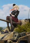  1girl black_jacket black_necktie blonde_hair blurry blurry_background blush brown_pantyhose brown_shoes commentary cross crossed_bangs day feet green_eyes hair_between_eyes hat highres holding iron_cross jacket klamol legs looking_at_viewer medium_hair military_uniform miniskirt necktie no_shoes one_side_up open_mouth original outdoors pantyhose portrait red_skirt sdkfz_234 shoes skirt sky soldier toes unworn_shoes wehrmacht world_war_ii 