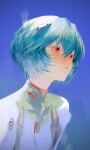  1girl ayanami_rei blue_background blue_hair bodysuit breasts brush_stroke closed_mouth commentary from_side hair_between_eyes hairpods hat_ornament highres interface_headset_(evangelion) looking_ahead mecha_pilot_suit neon_genesis_evangelion plugsuit_(evangelion) portrait red_eyes short_hair skin_tight small_breasts solo soraaaa53 white_bodysuit 