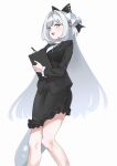  +_+ 1girl absurdres black_bow black_jacket black_skirt blue_ribbon blush bow breasts clipboard commentary_request daya_(pure_shine)_(trickcal) daya_(trickcal) dragon_ears dragon_girl dragon_horns dragon_tail fang feet_out_of_frame frilled_shirt_collar frilled_skirt frilled_sleeves frills grey_eyes hair_bow hair_intakes hair_ornament hairclip highres holding holding_clipboard holding_pen horns jacket long_sleeves medium_breasts missing_wings neck_ribbon office_lady official_alternate_costume open_mouth parallel_hairclips pen pointy_ears ribbon shoga_k simple_background skirt smile solo standing tail trickcal white_background white_hair 