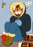 2021 anthro black_body black_fur blue_eyes boots clothing cold colored dated dialogue english_text felid footwear fur handwear hi_res looking_at_viewer male mammal mittens orange_body orange_fur pantherine scientific_instrument shoes solo speech_bubble talking_to_viewer temperature text thermometer thermos tiger url whiskers white_body white_fur whitecolt_productions winter_coat