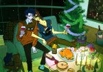  1boy 1girl alcohol animal_print black_hair black_pants blue_sweater_vest bottle breasts brown_hair brown_pants candlestand cat cat_print christmas_tree cleavage closed_mouth commentary_request couch couple cup donut drinking_glass eyepatch food glasses hange_zoe hetero highres holding holding_cup indoors large_breasts leaning_on_person levi_(shingeki_no_kyojin) locked_arms medium_hair orange_sweater pale_skin pants parted_bangs parted_lips pie pon_de_ring ponytail red_wine roast_chicken shingeki_no_kyojin slippers smile socks sweater sweater_vest tanuki_print whiskey white_socks wine wine_bottle wine_glass z1png 