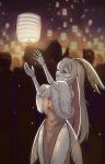  1girl antennae arthropod_girl arthropod_limbs basedbinkie black_eyes black_sclera blurry blurry_background blush breasts character_request chinese_clothes colored_sclera colored_skin commentary crying crying_with_eyes_open dress english_commentary grey_hair hands_up highres insect_wings joints lantern lantern_festival long_hair looking_at_object monster_girl moth_antennae moth_girl moth_wings neck_fur open_mouth original paper_lantern qipao sky_lantern solo tears white_skin wings 