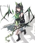  1girl absurdres ahoge animal_ears arknights belt belt_pouch black_belt black_boots black_coat black_hair boots breasts closed_mouth coat coat_partially_removed commentary crystal_tail double-parted_bangs dress floating floating_object from_above full_body gem green_dress green_eyes green_gem hair_between_eyes halterneck high-waist_belt highres huge_ahoge leg_up long_hair long_sleeves looking_at_viewer medium_breasts momiji_ilust mon3tr_(arknights) open_clothes open_coat pouch shadow short_dress simple_background sleeveless sleeveless_dress sleeves_past_fingers sleeves_past_wrists solo standing tail thigh_belt thigh_strap white_background 
