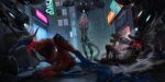 2:1 3_toes alley anthro belgefor blue_body blue_eyes bound city claws clothing collar cosidian cuff_(restraint) cyberpunk dragon drone feet fred grey_body group hi_res horn laser lying male melee_weapon mythological_creature mythological_scalie mythology neon night prisoner questionable_consent red_eyes reptile restraints rouge scalie shackles short sitting smoke standing sword tail toes trash trash_can trio weapon white_body