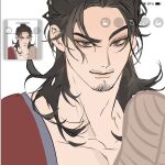  1boy all_wishes_come_true! art_tools_in_frame black_hair blue_trim brown_eyes closed_mouth collarbone crema_525 facial_hair hair_bun half_updo hand_fan highres holding holding_fan leaf_fan long_hair looking_at_viewer male_focus mustache_stubble pectoral_cleavage pectorals portrait red_robe reference_inset robe simple_background single_hair_bun sketch smile solo stubble thick_eyebrows white_background zhongli_quan_(all_wishes_come_true!) 