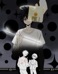  3boys aged_down arm_around_shoulder black_eyes black_hair black_hole blue_eyes closed_eyes commentary couple disembodied_hand false_memory floppy_disk from_above glowing guan_chao_(false_memory) guan_chao_(teenager)_(false_memory) hair_between_eyes hair_down halo handheld_game_console he_mingshuo high_collar highres holding holding_handheld_game_console jacket kairusha looking_at_another male_focus medium_hair multiple_boys multiple_views pants polka_dot shirt short_sleeves simple_background sleeves_rolled_up smile spiked_hair star_(symbol) tear_troughs track_jacket train untranslatable_commentary white_background white_shirt zipper zipper_pull_tab 