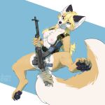 1:1 5_fingers anthro areola bedroom_eyes blonde_hair bloodyhetman blue_eyes breasts butt canid canine clothed clothing digital_media_(artwork) female fingers fluffy fluffy_tail fox fur genitals gun hair hi_res holding_leg holding_object holding_weapon inner_ear_fluff long_hair long_tail looking_at_viewer lying mammal military multicolored_body multicolored_fur narrowed_eyes nipples nude on_back orange_body orange_fur pawpads paws pink_areola pink_vulva raised_leg ranged_weapon seductive simple_background small_breasts smile solo tail taylor_(pijanyrycerz) tongue tongue_out tuft vulva weapon white_body white_fur