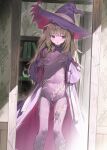  1girl ass_visible_through_thighs averting_eyes bodystocking bodystocking_only breasts commentary_request covered_navel elfilia_(grimm_connect) feet_out_of_frame floral_print full-length_mirror grabbing_own_breast green_hair grimm_connect hat indoors long_hair mirror purple_eyes purple_hat purple_robe reflection reflection_focus robe skin_tight solo standing takeno_omoti wide_sleeves witch witch_hat 