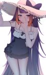  1girl :d absurdres black_one-piece_swimsuit blue_eyes blunt_bangs casual_one-piece_swimsuit center-flap_bangs commentary covered_navel cowboy_shot flat_chest frilled_one-piece_swimsuit frills gradient_hair grin hands_up hat highres hololive hololive_dreams hololive_english long_hair looking_at_viewer mole mole_under_eye multicolored_hair ninomae_ina'nis ninomae_ina'nis_(tracing_tide_memories) official_alternate_costume one-piece_swimsuit orange_hair pointy_ears purple_hair sidelocks simple_background single_wrist_cuff smile solo standing straw_hat sun_hat sweetwhite swimsuit tentacle_hair very_long_hair virtual_youtuber white_background wrist_cuffs 