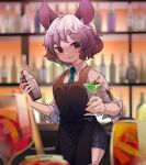  1girl alternate_costume animal_ears apron artist_name bar_(place) bartender black_shorts blurry brown_apron cocktail cocktail_glass cocktail_shaker collared_shirt commentary_request commission cup dated depth_of_field drinking_glass green_necktie grey_hair highres holding holding_cocktail_shaker long_sleeves looking_at_viewer mouse_ears mouse_girl mouse_tail nazrin necktie open_mouth red_eyes shirt short_hair shorts skeb_commission smile solo tail tami_(joemanyodw) touhou white_shirt 