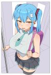  1girl absurdres backpack bag bare_shoulders blue_hair border breasts collared_shirt commentary cosplay crop_top cropped_legs detached_sleeves earbuds earphones english_commentary hair_ornament hairclip hatsune_miku hatsune_miku_(cosplay) highres holding holding_pole holding_strap ii_(peps_art) large_breasts long_hair looking_at_viewer microskirt midriff monochrome_background navel navel_piercing necktie number_hair_ornament original outside_border peps_art piercing pole roman_numeral shirt short_twintails sidelocks skirt sleeveless sleeveless_shirt solo standing subway sweatdrop thighhighs tie_clip train_interior twintails vocaloid white_border yellow_eyes zettai_ryouiki 