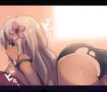  alternate_costume aqua_eyes ass bent_over blonde_hair dark_skin dyson_(edaokunnsaikouya) flower hair_flower hair_ornament kantai_collection letterboxed long_hair looking_at_viewer looking_back one-piece_swimsuit ro-500_(kantai_collection) school_swimsuit solo strap_slip swimsuit tan tanline thighs torn_clothes torn_swimsuit trembling valentine wavy_mouth 