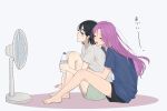  2girls alien_stage black_hair blush bottle closed_eyes commentary hair_ornament hairclip hot hozu_2083 long_hair mizi_(alien_stage) multiple_girls pink_hair purple_eyes short_hair short_sleeves shorts simple_background sitting sua_(alien_stage) thick_eyebrows water_bottle white_background yuri 