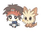  1boy 28_(eep228) black_eyes blue_jacket blush_stickers bright_pupils brown_hair capri_pants chibi chibi_only commentary_request grey_pants jacket korean_commentary lillipup male_focus nate_(pokemon) open_mouth pants pokemon pokemon_(creature) pokemon_black_2_and_white_2 shoes short_hair simple_background sitting visor_cap white_background white_pupils zipper_pull_tab 