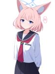  1girl absurdres aikawa_yuduki animal_ear_fluff animal_ears arms_behind_back black_skirt blue_archive blue_eyes blue_halo commentary_request cowboy_shot fox_ears fox_girl halo highres long_sleeves looking_at_viewer neckerchief niko_(blue_archive) pink_hair red_neckerchief sailor_collar sailor_shirt school_uniform serafuku shirt short_hair simple_background skirt solo white_background white_shirt 