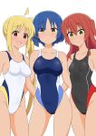  3girls absurdres ahoge anime_coloring bare_shoulders blonde_hair blue_hair blush bocchi_the_rock! breasts commentary_request competition_swimsuit covered_navel dark_skin detached_ahoge green_eyes highleg highleg_one-piece_swimsuit highres ijichi_nijika kita_ikuyo large_breasts long_hair looking_at_viewer medium_breasts mole mole_under_eye multicolored_swimsuit multiple_girls one-piece_swimsuit red_eyes red_hair simple_background small_breasts smile swimsuit tan tanlines usazirou539 white_background yamada_ryo yellow_eyes 