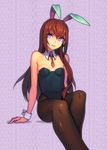  3: animal_ears black_legwear breasts brown_hair bunny_ears bunnysuit covered_navel detached_collar foreshortening leotard long_hair makise_kurisu necktie pantyhose purple_eyes red_neckwear revision short_necktie sitting small_breasts solo steins;gate v-shaped_eyebrows wrist_cuffs yuksi 