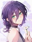  1girl artist_name black_choker black_ribbon chainsaw_man choker collared_shirt commentary daisy_(flower) english_commentary facing_to_the_side floral_background flower green_eyes hair_between_eyes hair_bun highres holding holding_flower light_blush light_smile long_bangs looking_at_viewer medium_hair messy_hair miviy19 portrait purple_hair reze_(chainsaw_man) ribbon shirt sidelocks sleeveless sleeveless_shirt solo twitter_username white_background white_flower white_shirt 