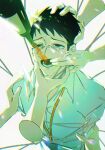  1boy black_eyes black_hair bottle chinese_commentary commentary_request disembodied_hand dress_shirt false_memory feixianyu_okra forced guan_chao_(false_memory) highres lanyard male_focus shibari shirt short_hair simple_background sparkle spiked_hair tear_troughs tears very_short_hair white_background white_shirt wine_bottle 