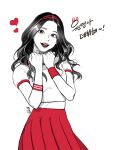  1girl :d black_hair brown_eyes colored_skin commentary_request hairband hands_up heart jang_wonyoung korean_commentary korean_text let_ink limited_palette real_life red_hairband red_lips red_skirt shirt skirt smile solo translation_request wavy_hair white_shirt white_skin 