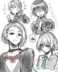  4boys cardigan closed_eyes collared_shirt commentary_request curtained_hair expressionless gakuran greyscale hair_ornament hairclip jack_jeanne jacket jitome male_focus mole mole_under_mouth monochrome multiple_boys mutsumi_kai nervous_smile open_mouth parallel_hairclips red_eyes school_uniform shirota_mitsuki shirt short_hair sketch smile spoken_squiggle spot_color squiggle sweatdrop takashina_sarafumi tears. yonaga_soshiro 