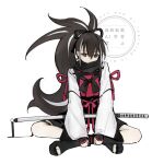  1girl brown_eyes brown_hair commentary_request covered_mouth crossed_legs fate/grand_order fate_(series) hair_between_eyes hair_ribbon holding_own_leg japanese_clothes katana kawakami_gensai_(fate) kawakami_gensai_(first_ascension)_(fate) long_hair multicolored_hair platform_sandals platform_shoes ponytail red_ribbon ribbon sandals scabbard scarf sheath shoes sidelocks sitting streaked_hair sword todome_channel two-tone_hair watermark weapon white_background white_streaks wide_sleeves 