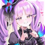  1girl absurdres artist_name black_bow black_dress black_hat blush bow breasts bug butterfly commentary_request dress drill_hair elf fingernails flower gothic_lolita grin hat heart highres index_finger_raised kyoka_(gothic)_(princess_connect!) kyoka_(princess_connect!) lolita_fashion long_hair looking_at_viewer mini_hat pointy_ears princess_connect! purple_hair qiye_jiexian ribbon short_sleeves small_breasts smile solo twintails upper_body wrist_cuffs yellow_eyes 