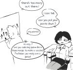  1boy 1girl artist_name chair commentary cup desk dress_shirt english_commentary english_text greyscale highres holding holding_cup monochrome mug office_chair original shirt short_hair sitting small_sweatdrop speech_bubble swivel_chair tomatoketchup96 window zombie 