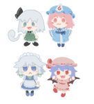  4girls :< :3 apron bat_wings black_bow black_bowtie black_hairband blue_dress blue_eyes blue_hair blue_hat blue_kimono blue_ribbon blush_stickers bow bowtie braid chibi chibi_only chinese_commentary closed_mouth collared_shirt commentary_request dress fang frilled_kimono frills green_bow green_skirt green_vest grey_hair hair_bow hairband hat hat_ribbon hitodama izayoi_sakuya japanese_clothes kimono konpaku_youmu konpaku_youmu_(ghost) long_hair long_sleeves looking_at_viewer maid maid_headdress mob_cap multiple_girls neck_ribbon pinafore_dress pink_eyes pink_hair pink_hat pink_shirt pink_skirt red_eyes remilia_scarlet ribbon saigyouji_yuyuko shirt simple_background skirt skirt_set sleeve_garter sleeveless sleeveless_dress smile sukey_four touhou triangular_headpiece twin_braids vest waist_apron white_apron white_background white_shirt wide_sleeves wings 