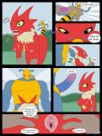 3:4 ambiguous_gender anthro beedrill blaziken breasts butt comic dialogue english_text extreme_size_difference female food generation_1_pokemon generation_3_pokemon genitals group hi_res honey_(food) humanoid male muscular muscular_male nintendo nipples nude pain penis pokemon pokemon_(species) presenting presenting_vulva red_body size_difference spread_vulva spreading text trio vulva zenu
