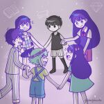  2girls 4boys antenna_hair artist_name aubrey_(headspace)_(omori) aubrey_(omori) barefoot basil_(headspace)_(omori) basil_(omori) black_eyes black_hair black_tank_top black_thighhighs blue_overalls blue_shirt bow bright_pupils brother_and_sister brothers checkered_clothes closed_mouth collared_shirt colored_skin commentary english_commentary flower_wreath green_eyes green_hair green_shirt grin hair_bow head_wreath hero_(headspace)_(omori) hero_(omori) highres holding_hands kel_(headspace)_(omori) kel_(omori) long_shirt long_sleeves looking_at_another mari_(headspace)_(omori) mari_(omori) multiple_boys multiple_girls neckerchief omori omori_(omori) open_mouth overalls pajamas pants pink_bow purple_eyes purple_hair purple_shorts purple_sweater_vest red_neckerchief red_skirt shirt short_hair short_sleeves shorts siblings skirt smile standing starlyfnnctn striped_clothes striped_pajamas striped_pants striped_shorts sweater_vest t-shirt tank_top teeth thighhighs twitter_username vertical-striped_clothes vertical-striped_pajamas vertical-striped_pants vertical-striped_shorts white_pajamas white_pants white_pupils white_shirt white_shorts white_skin 