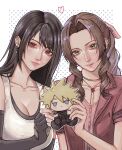  2girls aerith_gainsborough armor bare_shoulders black_bra black_gloves black_hair black_shirt blonde_hair blue_eyes border bra braid braided_ponytail breasts buttons character_doll choker cleavage cloud_strife collarbone commentary crop_top doll dress earrings elbow_gloves english_commentary final_fantasy final_fantasy_vii final_fantasy_vii_remake fingerless_gloves flower_choker gloves green_eyes hair_between_eyes hair_ribbon highres holding holding_doll implied_hetero jacket jewelry large_breasts light_smile long_hair love_triangle multiple_girls parted_bangs pauldrons pink_dress pink_ribbon polka_dot polka_dot_background red_eyes red_jacket ribbed_shirt ribbon ryna_100 shirt shoulder_armor sidelocks single_braid single_pauldron sleeveless sleeveless_shirt spiked_hair sports_bra tifa_lockhart underwear upper_body wavy_hair white_border white_shirt 