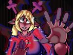 5_fingers absurd_res afterimage anthro antlers blonde_hair breaking_the_fourth_wall brown_body buckteeth cartoon_freckles clothing corruption deer deltarune dress female fingers glitch glitch_effect glowing hair hairless_fingers hand_fur hi_res hooved_fingers hooves horn humanoid knight looking_at_viewer mammal nahmona_ds new_world_deer noelle_holiday pink_antlers purple_clothing purple_dress reaching reaching_out reaching_towards_viewer red_eyes red_nose reindeer repeated_text roaring_knight simple_background solo soul_(undertale) teeth text text_background toby_fox_(copyright) undertale_(series) warrior
