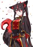  1girl :/ absurdres ahoge animal_ears belt black_belt black_capelet black_gloves black_hair black_jacket black_pants breasts buttons capelet closed_mouth commentary_request cropped_jacket deaver double-breasted double-parted_bangs fbkingdom_story fox_ears fox_girl fox_tail gloves hair_between_eyes highres holding_own_tail hololive jacket kurokami_fubuki long_hair looking_at_viewer medium_breasts multicolored_hair pants pentagram ponytail red_eyes red_streaks side_capelet sidelocks simple_background solo spoken_blush standing streaked_hair tail very_long_hair virtual_youtuber white_background 