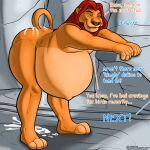 1:1 after_sex belly bent_over big_belly bodily_fluids butt cum disney english_text feet felid genital_fluids hi_res lion male mammal mane mature_male mufasa navel nude outie_navel pantherine pascal_(artist) pregnant pregnant_male tail text the_lion_king yellow_sclera