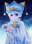  1other bbuj0914 blue_bow blue_bowtie blue_hair blue_hat bow bowtie cape commentary_request cookie_run cookie_run:_ovenbreak dated gradient_eyes hair_ornament hat highres holding_seashell long_sleeves looking_at_viewer multicolored_eyes night official_alternate_costume other_focus outdoors peppermint_cookie peppermint_cookie_(ballad_of_the_starry_sea) personification seashell shell shell_hair_ornament short_hair sky solo star_(sky) starry_sky white_cape 