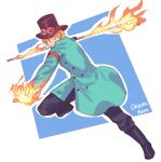  1boy aqua_coat black_coat black_hat boots caydeus coat commentary fire full_body hat highres holding holding_weapon male_focus one_piece one_piece:_stampede sabo_(one_piece) scar scar_on_face smile solo weapon 
