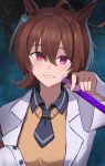  1girl agnes_tachyon_(tach-nology)_(umamusume) agnes_tachyon_(umamusume) ahoge animal_ears black_necktie blush breasts brown_hair coat commentary_request earrings hair_between_eyes highres holding holding_test_tube horse_ears horse_girl jewelry lab_coat long_sleeves mayomaru1 necktie open_mouth red_eyes shirt short_necktie single_earring smile solo sweater sweater_vest test_tube umamusume upper_body white_coat yellow_sweater yellow_sweater_vest 