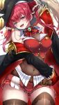  1girl absurdres arrow_through_heart ascot belt bicorne black_coat blue_gem blush breasts brown_leotard choker cleavage coat commentary_request covered_navel cropped_jacket frilled_choker frills gem gold_trim hair_ribbon hat heart heterochromia highleg highleg_leotard highres hololive houshou_marine houshou_marine_(1st_costume) jacket jewelry large_breasts leather_belt leotard leotard_under_clothes long_hair long_sleeves looking_at_viewer miniskirt no_eyepatch off_shoulder open_mouth pirate_costume pirate_hat red_ascot red_eyes red_hair red_jacket ribbon see-through_cleavage see-through_clothes see-through_leotard see-through_midriff simple_background skirt sleeveless sleeveless_jacket smile solo takakun thighhighs thighs twintails virtual_youtuber white_background yellow_eyes zettai_ryouiki 