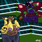 1:1 4_arms anthro arthropod body_hair bottomwear bryna_(felineflustered) bulge clothed clothing fighting_pose fighting_ring giraffe giraffid gynomorph gynomorph/gynomorph insect intersex intersex/intersex ishitmypants lepidopteran mammal moth multi_arm multi_limb muscular nipples overweight overweight_gynomorph overweight_intersex pants pengu_(ishitmypants) pose purple_nipples topless trans_(lore) trans_woman_(lore) wrestling_outfit