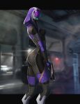 3_fingers absurd_res alien armor belt bioware black_bars boots breasts butt clothing digital_drawing_(artwork) digital_media_(artwork) digitigrade electronic_arts environmental_suit eyebrows eyelashes female fingers footwear futuristic gun handgun headgear helmet hi_res holding_gun holding_handgun holding_object holding_pistol holding_ranged_weapon holding_weapon hood humanoid light long_eyelashes looking_at_viewer looking_back mask mass_effect pattern_clothing pistol purple_hood purple_visor quarian ranged_weapon rear_view science_fiction screencap screencap_background shoes small_waist solo spacemaxmarine spacesuit tali'zorah thick_thighs visor weapon