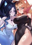  2girls absurdres animal_ears bare_shoulders black_nails blonde_hair blue_dress blue_eyes blue_hair breasts bright_pupils cat_ears cat_girl choker cleavage colored_skin commentary dress english_commentary freckles fufu_(vtuber) grey_skin hands_on_another's_hips high_ponytail highres indie_virtual_youtuber large_breasts long_hair multicolored_hair multiple_girls obkatiekat obkatiekat_(3rd_costume) pink_hair ponytail smile star-shaped_pupils star_(symbol) starry_hair strapless strapless_dress suliavtuber symbol-shaped_pupils thighs virtual_youtuber white_background white_pupils yuri 
