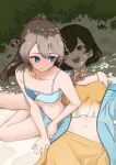  2girls absurdres bikini blue_eyes blue_jacket blue_sarong breasts brown_eyes brown_hair commentary_request cowboy_shot dappled_sunlight highres hiryuu_(kancolle) hiryuu_(lawson_swimsuit)_(kancolle) jacket kantai_collection kazagumo_(kancolle) kazagumo_(swimsuit)_(kancolle) multiple_girls navel open_clothes open_jacket orange_bikini orange_sarong ponytail sarong shade short_hair sitting small_breasts striped_bikini striped_clothes sunlight swimsuit umibudou yokozuwari 