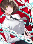  1girl black_necktie black_pants braid breasts brown_hair chain chainsaw_man collared_shirt commentary cosplay cowboy_shot looking_at_viewer makima_(chainsaw_man) makima_(chainsaw_man)_(cosplay) medium_breasts necktie niijima_makoto pants persona persona_5 shirt short_hair solo wanderstillart white_shirt yellow_eyes 