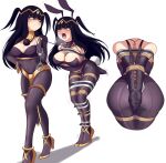  2girls absurdres animal_ears armbinder arms_behind_back bagelbomb ball_gag bdsm belt_bondage black_collar black_eyes black_hair blush bodystocking bondage bound bound_ankles bound_thighs breast_bondage breasts bridal_gauntlets clone closed_mouth collar commentary commission crotch_rope cuffs english_commentary fake_animal_ears fake_tail femdom fire_emblem fire_emblem_awakening gag gag_around_neck handcuffs heart heart-shaped_pupils high_heels highres holding holding_leash large_breasts leash loincloth long_hair multiple_girls multiple_views pantyhose rabbit_ears rabbit_tail rope see-through_bridal_gauntlets see-through_clothes selfcest shibari simple_background skin_tight smile symbol-shaped_pupils tail tape tape_bondage tharja_(fire_emblem) tiara unworn_gag white_background 