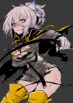  1girl black_necktie blush boots breasts commentary_request cowboy_shot devil_survivor_(series) devil_survivor_2 gloves grey_background grey_hair haoro holding holding_whip hotsuin_miyako looking_to_the_side necktie ponytail purple_eyes shirt simple_background solo thigh_boots torn_clothes torn_shirt whip white_gloves yellow_boots 