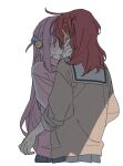  2girls black_skirt blush bocchi_the_rock! brown_cardigan cardigan closed_eyes commentary cropped_legs cube_hair_ornament dayama ear_blush gotoh_hitori hair_ornament highres jacket kiss kita_ikuyo long_sleeves multiple_girls one_side_up pink_hair pink_jacket pleated_skirt red_hair sailor_collar school_uniform shuka_high_school_uniform simple_background skirt sweatdrop track_jacket two_side_up untranslatable_commentary white_background white_sailor_collar yuri 